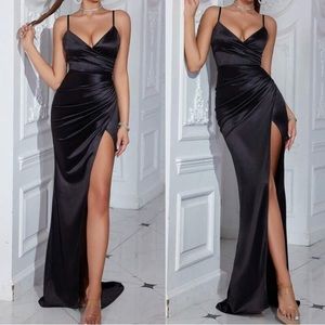 Luxe slit thigh party formal evening satin dress